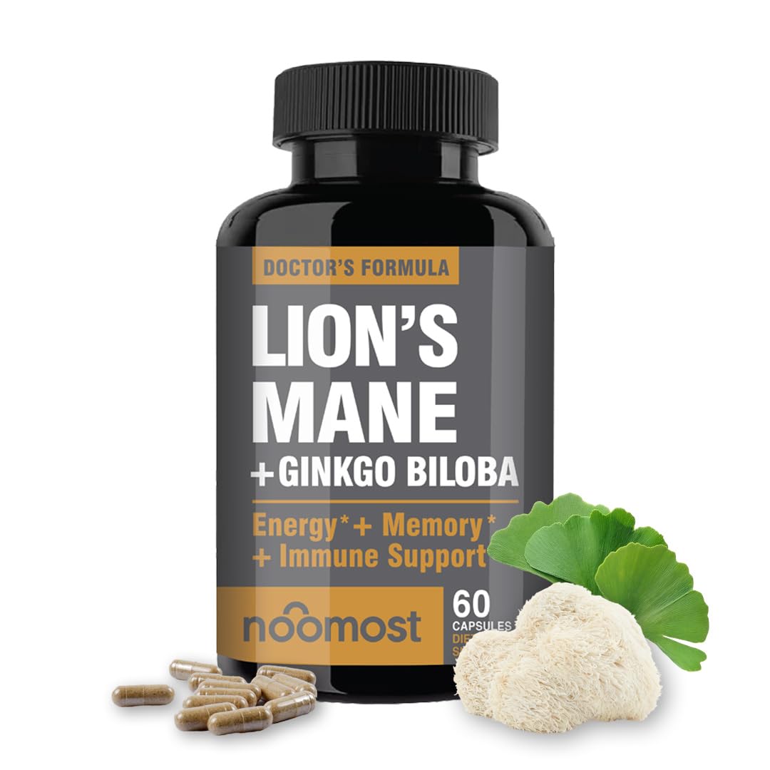 NooMost Lions Mane Supplement Organic Capsules - with Ginkgo Biloba - Cognitive Health, Focus & Memory Support - Natural Superfood for Brain, Energy & Immune Health - 60 Capsules - 2 Month Supply