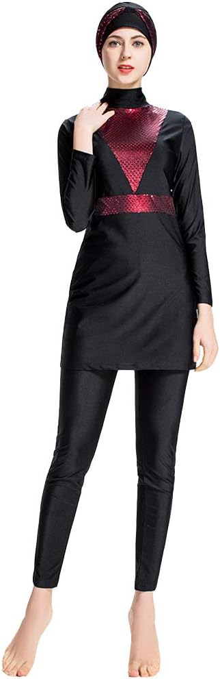 XDXARTMuslim swimsuits for women hijab fully covered long sleeve swimwear (Including Top Beach Swim Pants-Wine Red, XL)