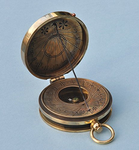 Engraved Antique Patina Pocket Sundial Compass with Cord Gnomon