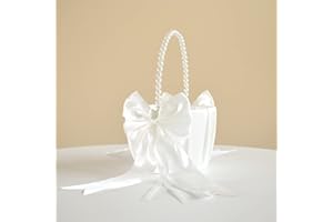ATAILOVE Wedding Flower Girl Basket with Cute Pearl Handle Bowknot Satin Flower Baskets for Wedding Ceremony - Ivory