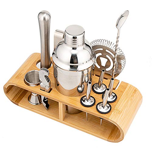 CaoQuanBaiHuoDian Haushalts-Cocktail-Shaker-Set 12 Stück Cocktail Shaker Set Barkeeper Set mit stilvollem Bambus-Rack… – Bild 3