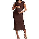 OYOANGLE Women's Maternity Draped Neck Dress Sleeveless Bodycon Midi Dresses