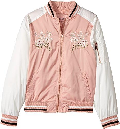 Urban Republic Kids Girl's Satin Bomber with Chest Embroidery (Little Kids/Big Kids) Light Rose 14 (Big Kids)