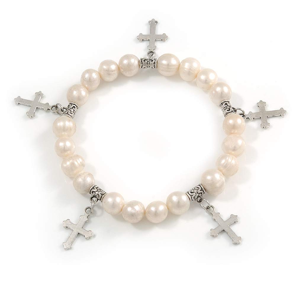 Avalaya 10mm Freshwater Pearl With Cross Charm Stretch Bracelet (Silver Tone) - 20cm L