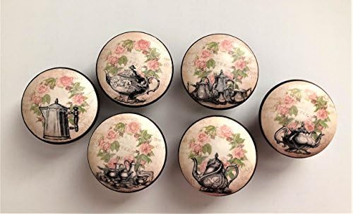 Handmade 1-1/2" Round Wood VINTAGE TEAPOT &amp; ROSES Cabinet/Drawer Knobs