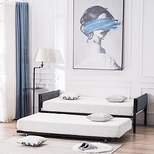 Metal RollOut Trundle Bed Frame with Slats Support, Home Accent