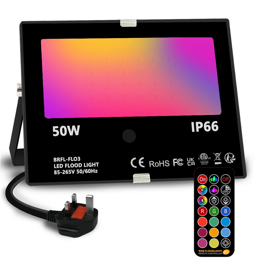 Bhochy LED Floodlight Outdoor 50W, Colour Changing Flood Lights with Remote Control, Timing, 4 Modes, IP66 Waterproof, UK 3-Plug，1 Pack
