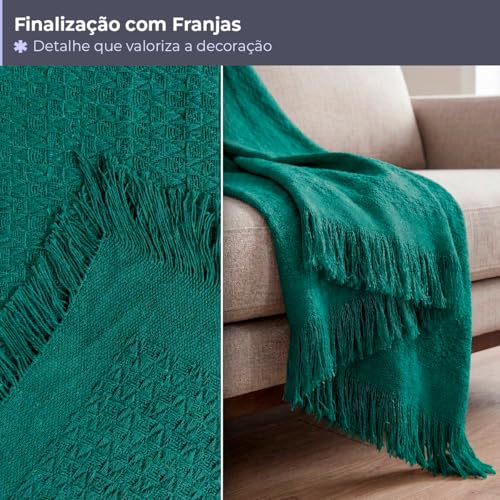 Decolab Manta Básica de Algodão Decorativa Moderna com Franja Estilo Boho para Poltrona, Sofá e Cama 150 x 120 cm em Acabamento Artesanal (Verde Brasil Copa Do Mundo)