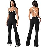 EROSEL Women’s Ribbed Flare Leg Jumpsuit – One Piece Jumpsuits for Women Flare Workout Jumpsuit Wide Leg Bodysuit Backless