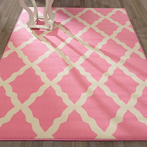 Ottomanson Glamour Collection Contemporary Moroccan Trellis Design Kids (Non-Slip) Kitchen and Bathroom Mat Rug, Pink, 5'0