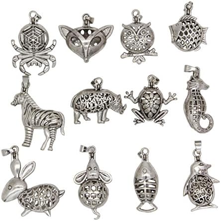 REYOW 10PCS Mixing Ancient Silver Animal Fox Spider Oyster Pearl Pendant Alloy Cage Add Perfume and Essential Oils Diffuser Charms