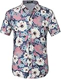 SSLR Men's Printed Button Down Casual Short Sleeve Denim Shirt (Medium, White Pink)