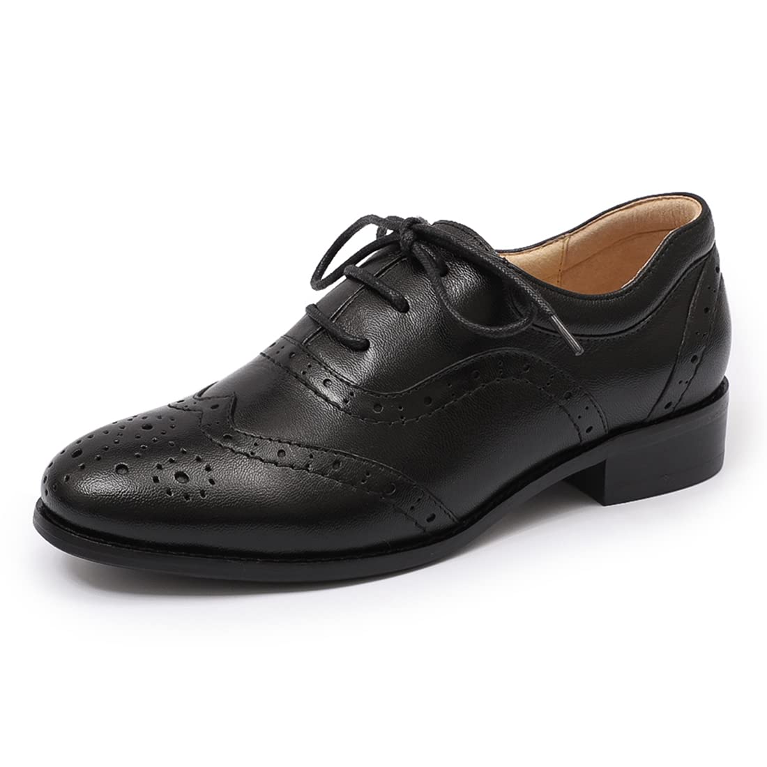 Photo 1 of Mona flying Women's Leather Oxfords Brogue Wingtips Lace up Flat Office Work Shoes for Ladies Black