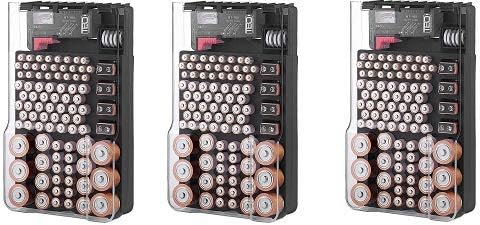 The Battery Organizer TBO1531 The Batt Storage Case with Hinged Clear Cover, Includes a Removable Tester, Holds 93 Batteries Various Sizes, Black (3-(Pack))