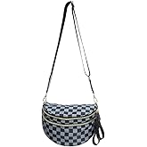 KAMEILONG Checkered Nylon Crossbody Bags for Women Plaid Crescent Waist Bag Crescent Fanny Pack Shoulder Bag Handbags (Black-Gray)