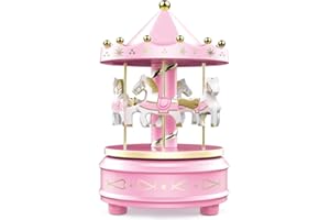 WEofferwhatYOUwant Carousel Music Box, Pink - Cake Topper, Easy Twist, 4 Horse Classic Decor - Melody Beethoven's Fur Elise. Fall Asleep to Music Lights.