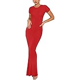 REORIA Women's Basic Summer Casual Lounge Long Dress Elegant Short Sleeve Crew Neck Bodycon Maxi Dresses