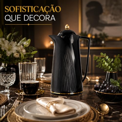 Garrafa Térmica Preta 1L Retrô com Ampola de Vidro Design Elegante Vintage para Café Chá Mesa Posta Luxo