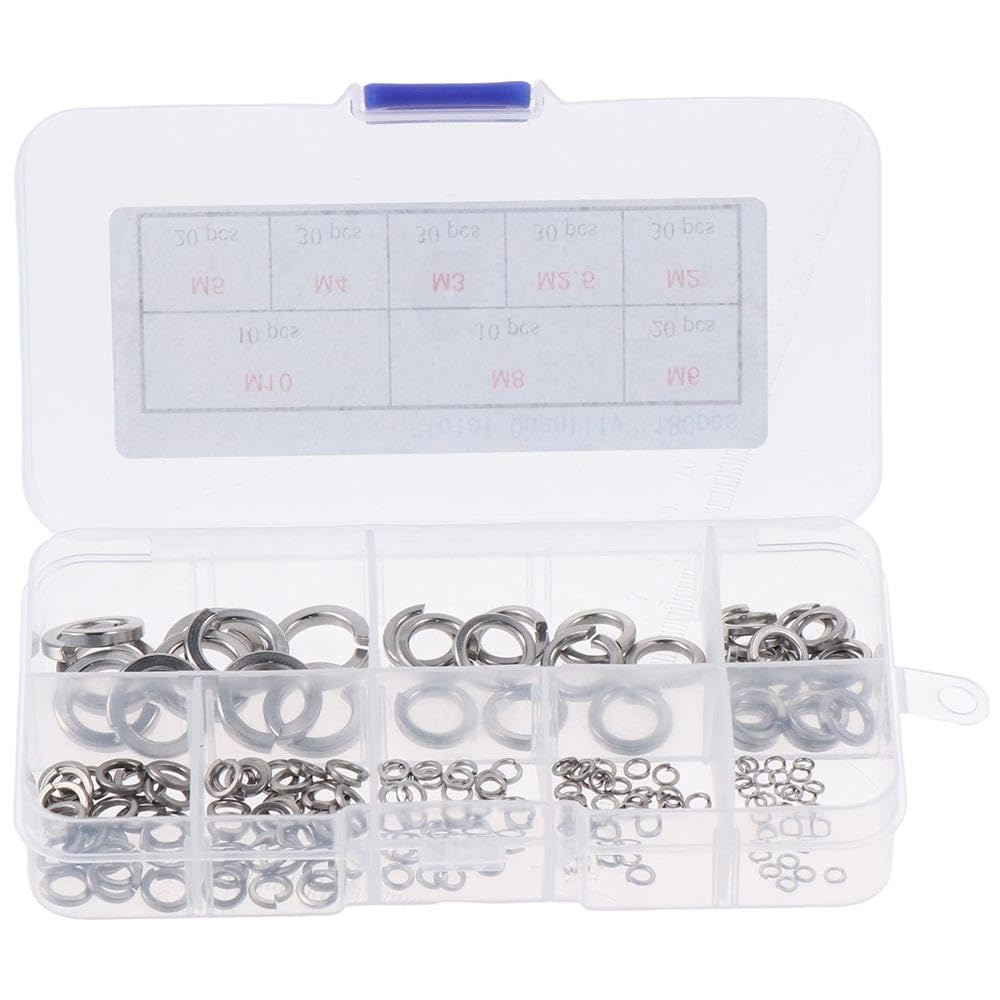 Upluckey Fasteners Kit 180Pcs M2-M10 Heavy Duty 304 Stainless Steel Spring Lock Washers with Storage Case 8 Sizes Lock Washer Assortment Set