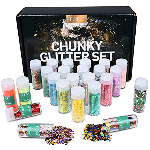TORC Holographic Chunky Glitter Set - 24 Colors for Resin Art, Nails, Tumblers & Body Face Makeup | Chunky Craft Glitter Bulk for Christmas Halloween | Cosmetic-Grade Epoxy, Slime & Ornament Supplies