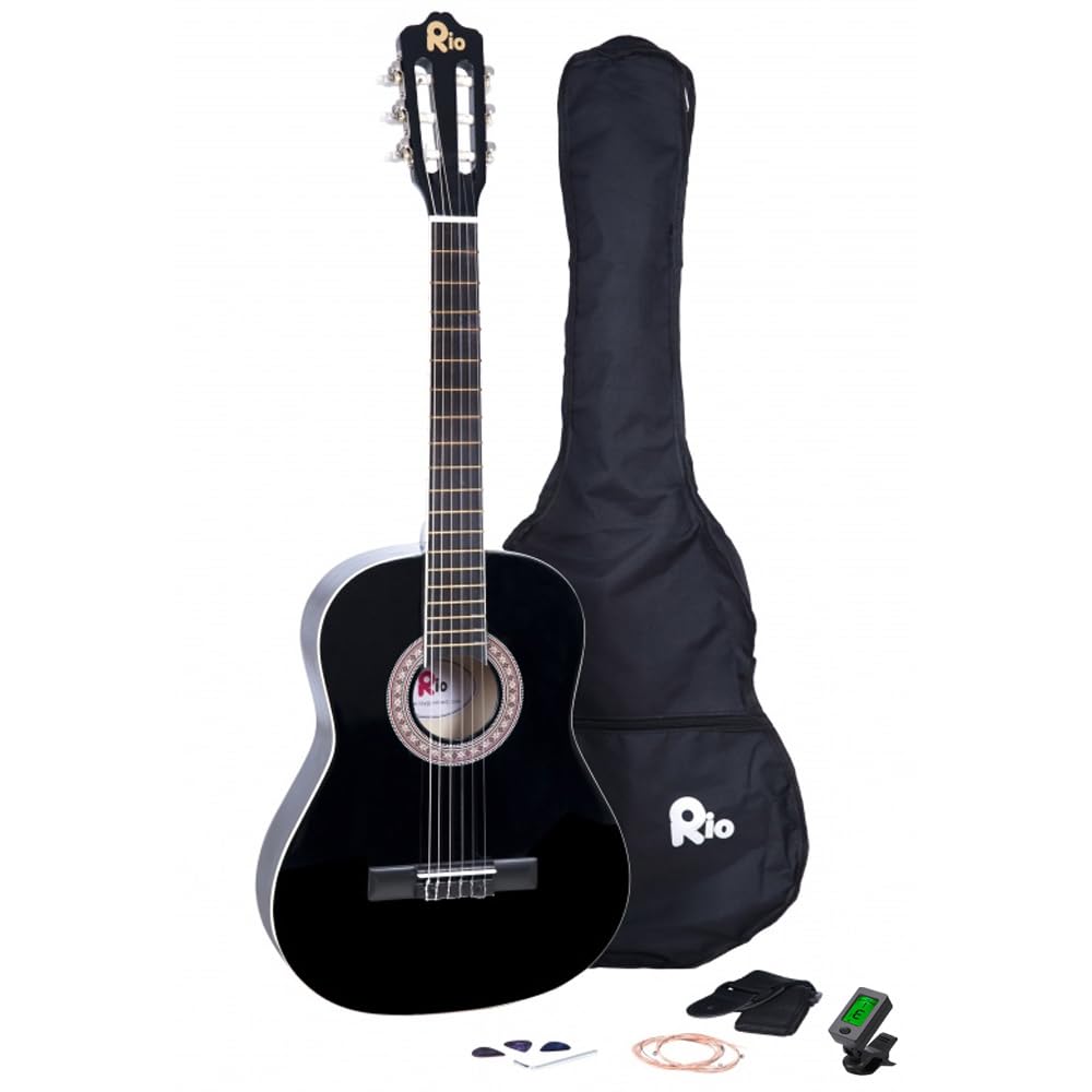 Rio 39'' 4/4 Full Size Acoustic Nylon Classical String Guitar Package Pack - New (Black)