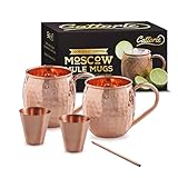 100% Solid Moscow Mule Copper Mugs Kit With Free Extras: Set of Two 16oz Mugs - Hammered Premium Quality Copper Cups, 2 Shot Glasses/Jiggers, and 1 Straw. Great For Gifts.