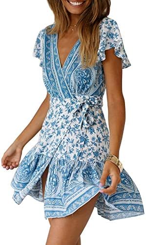 Women Summer Dress V Neck Bohemian Wrap Floral Printed Ethnic Style Split Beach Dress