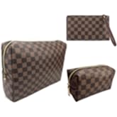 bopomofo Brown Checkered Cosmetic Bag 3 Pack,1 Big Pouch,1 Makeup Brushes Holder, 1 Coin Purse,Portable Travel Makeup Bag Set Lightweight and Waterproof Storage Bag Organizer (Brown Checkered 3 Pcs)