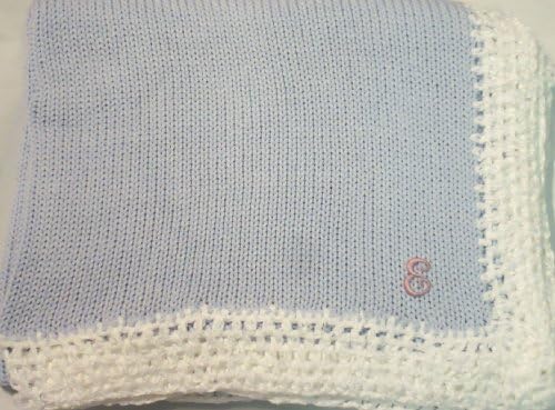 Hand Machine Knitted Finished with Hand Crochet Blue Color Cotton Infant Boys Blanket Hand Crochet Trimmed with White Color Chenille and Lavender โEโ Monogram