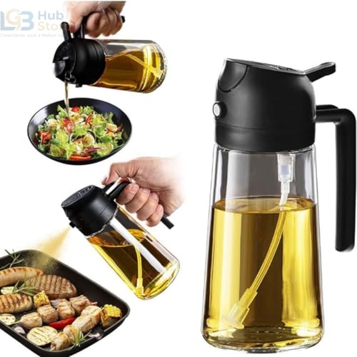 Garrafa Spray de Azeite 2 em 1 470ml – Pulverizador e Dosador para Óleo e Vinagre, Dispensador de Azeite em Vidro Premium para Air Fryer, Saladas, Churrasco e Cozinha (Preto)