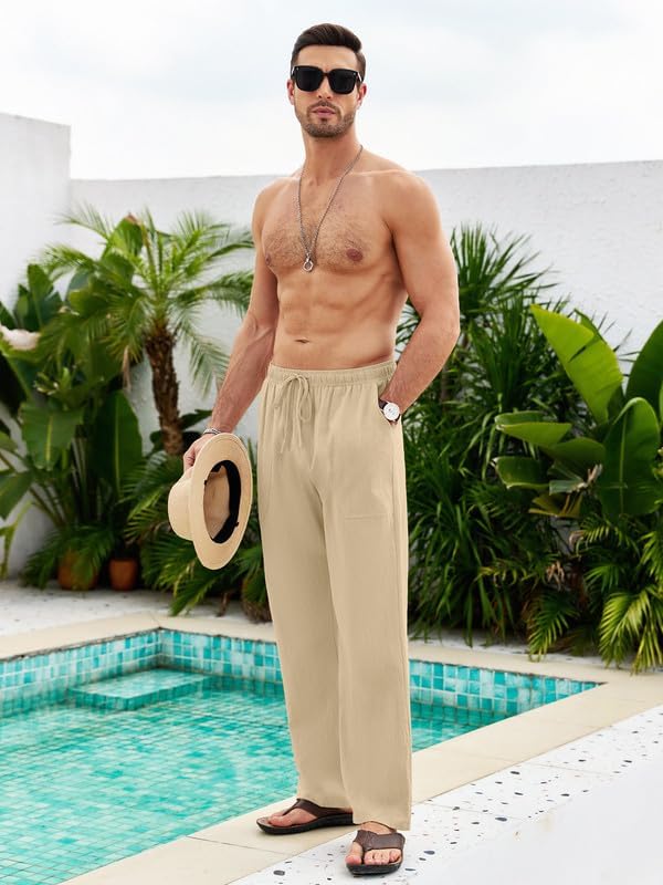 Calças de linho masculinas de algodão de verão com bolsos com cordão