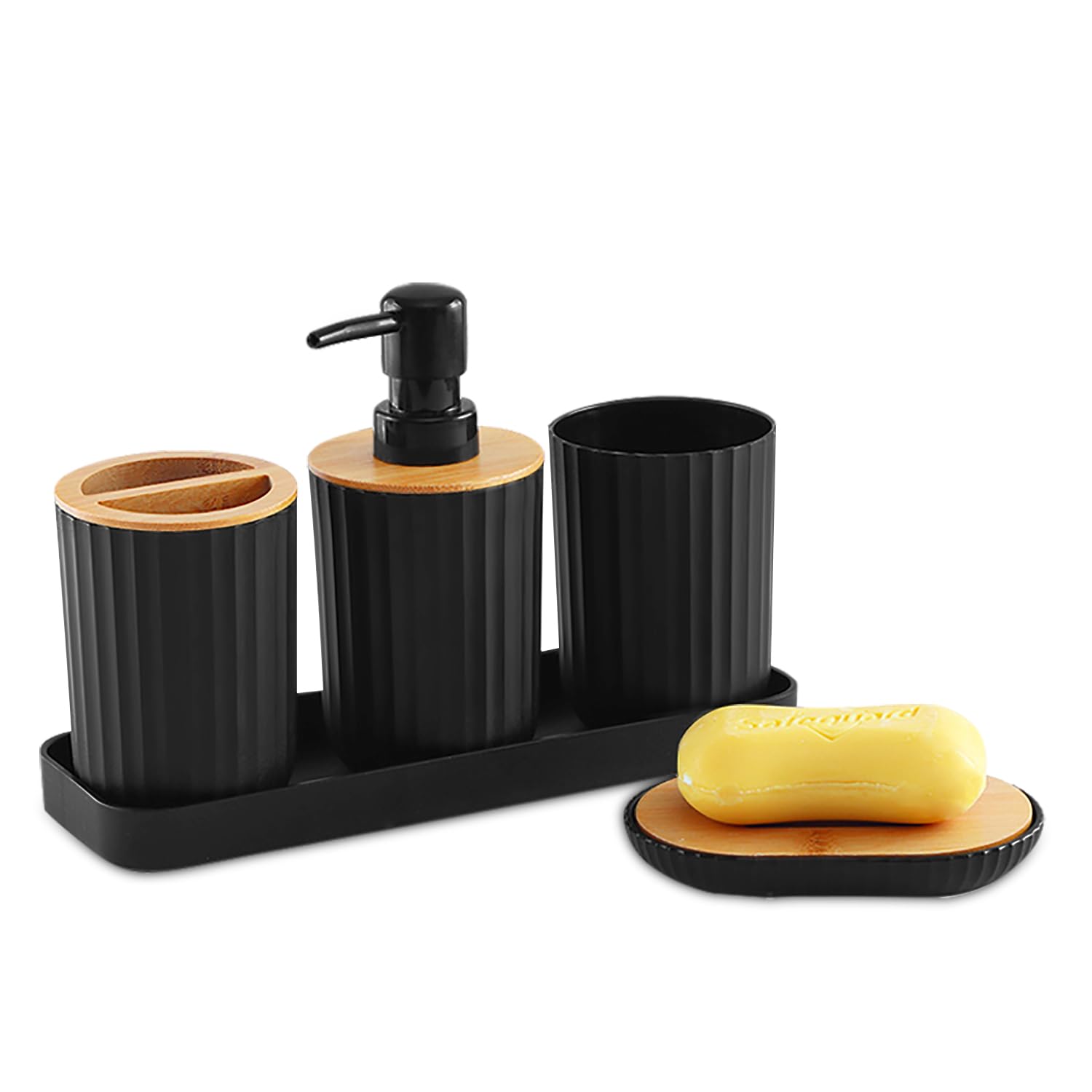 Duscdesp Plastic Black Bathroom Accessories Set - 5 Piece with Bamboo Cover. Includes Soap Dispenser, Toothbrush Holders, Bathroom Cup, Soap Dish and Vanity Tray