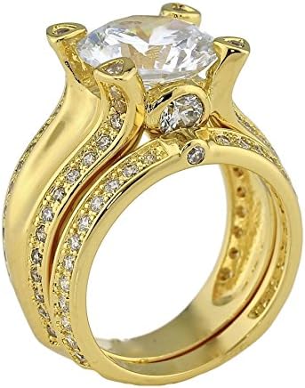 My Jewelry Passion 3CT Brilliant Cut CZ Cubic Zirconia Cathedral Yellow Gold Plated Solitaire Engagement Wedding Ring Set