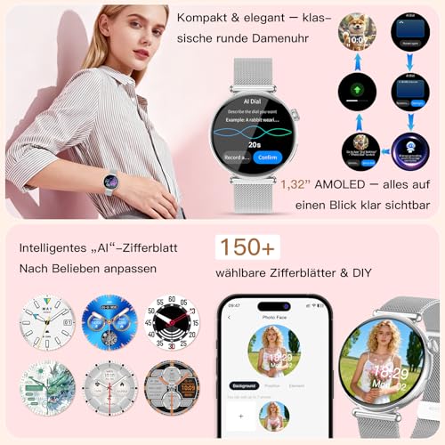 2026 Women's Smartwatch with ECG/Blood Pressure Monitor, 1.32 Inch AOD Health Watch with AI Dial & AI Smart Q&A, Bluetooth Calls/SPO-2/Aρnοe/Sleep/Pulse/HRV/BMI/Stress, Small Round Fitness Watch
