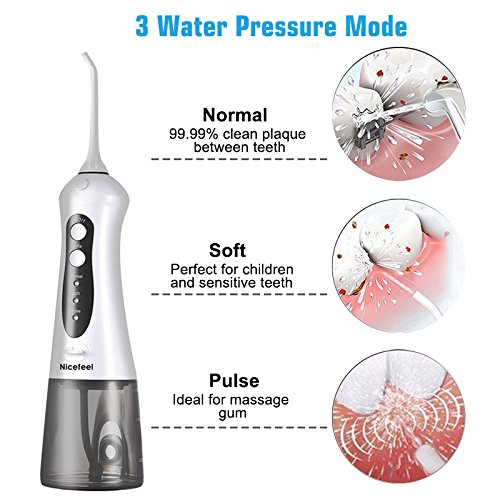 Cordless Water Flosser Oral Irrigator, Nicefeel IPX7 Waterproof Anti-leakage 3-Mode USB Rechargable Professinal Portable Water Dental Flosser with 4 Jet Tips for Braces and Teeth Whitening of Family - Thumbnail 4