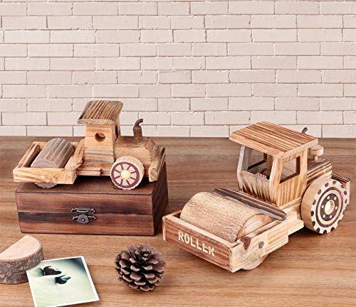 Dedoot Wooden Road Roller Model Decor 2 Pcs Wood Road Roller Construction Steamroller Truck Construction Vehicle Rollers for Gift Home Decor Tabletop Ornament - Thumbnail 4