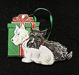 Scottish Terriers Christmas Ornament Handcrafted Wood, Red Gift Bow Mid-Century Modern 1950s Card, Black White Scotties, Dog Lover's Gift