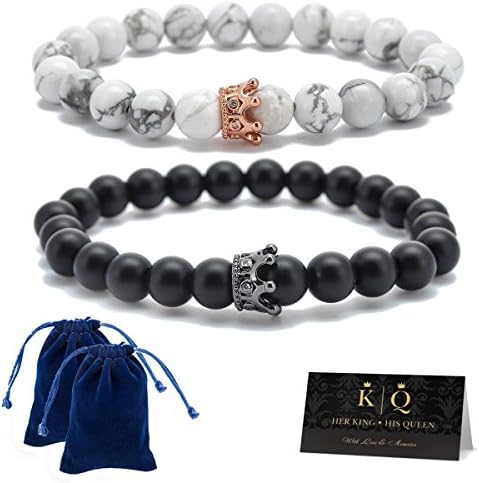 Tuogle London Couple Distance Bracelets | Genuine Black Agate and White Howlite Stones | King and Queen Bracelets | Couple Bracelets | For Lovers, Friends and Family (8mm Beads)