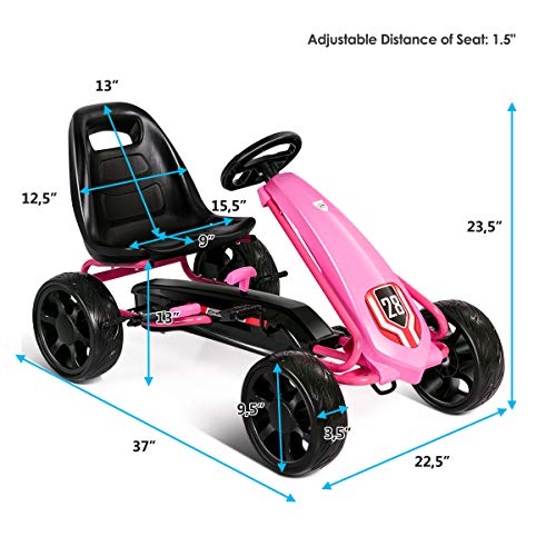 Costzon Pedal Go Kart, Pedal Powered Kids Ride on Car Toy, Children's 4 Wheels Riding Car Crazy Cart w/ Adjustable Seat, Foot Pedal, for Boys & Girls Age 3 to 8 Years Old, Indoor & Outdoor (Pink) - Thumbnail 6