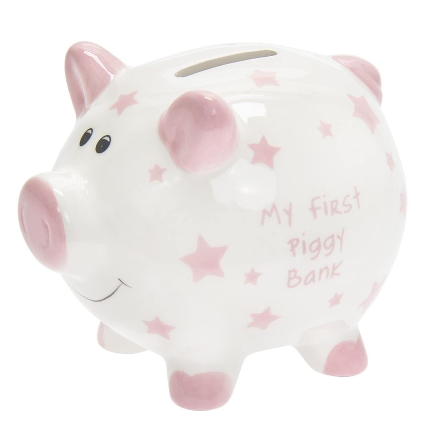 'My First Piggy Bank' Money Box White with Stars 12cm - Pink 3802