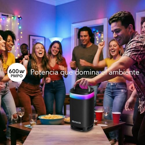 Aiwa Bocina Portátil Bluetooth TWS, Potencia 600W PMPO (60W RMS), Party 360°, Sonido Envolvente, Resistencia al Agua IPX5, Luz LED Multicolor, Batería Recargable y Función de Carga, AWS68BT
