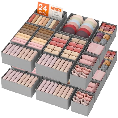 Lifewit Drawer Organizer Clothes for Closet 24 Pack, 3 Sizes Underwear Wardrobe Drawer Dividers, Fabric Foldable Dresser Storage Organizer Bins for Sock, Bra, Lingerie, Undies, Grey