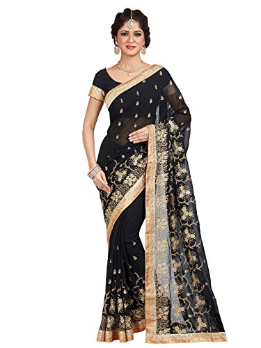 Shonaya Women's Embroidered Georgette Black Designer Saree With Unstitched Blouse Piece