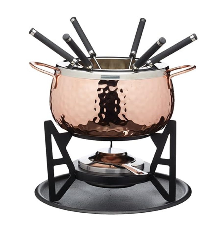 Artesà Fondue Set with 6 Stainless Steel Forks and Bowl, Ceramic Bowl, Metal Stand and Dual Fuel Burner, for Chocolate, Cheese or Meat, Copper