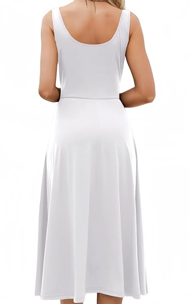 ROSDORRA WOMEN’S 2024 SUMMER SUNDRESS ELEGANT ROUND NECK MIDI SLEEVELESS CASUAL A-LINE SWING BEACH SOLID DRESS WITH POCKETS(WHITE, RS703A1 S)