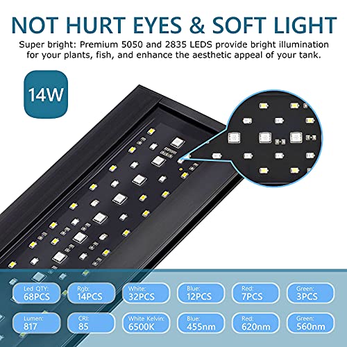hygger Clip On 24/7 Lighting Aquarium LED Light,Sunrise-Daylight-Moonlight and DIY Mode, Adjustable Timer/Brightness Fish Tank Light with 7 Colors for Planted Tank (14W for 12~20in Tank)