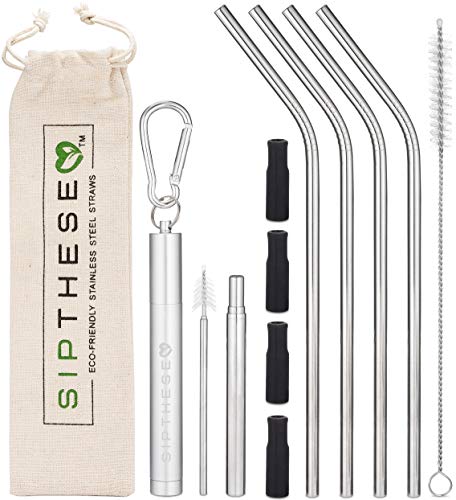 SipThese Collapsible Straw With Retractable Cleaning Brush In Keychain. 4 Angled Stainless Steel Straws With Silicone Tips. 1 Straw Cleaning Brush And Travel Bag. Eco Friendly Reusable Straws