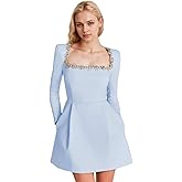 Cilontug Long Sleeve Short Wedding Dress for Bride Beaded Square Neck Satin Mini Bridal Shower Dress with Pockets