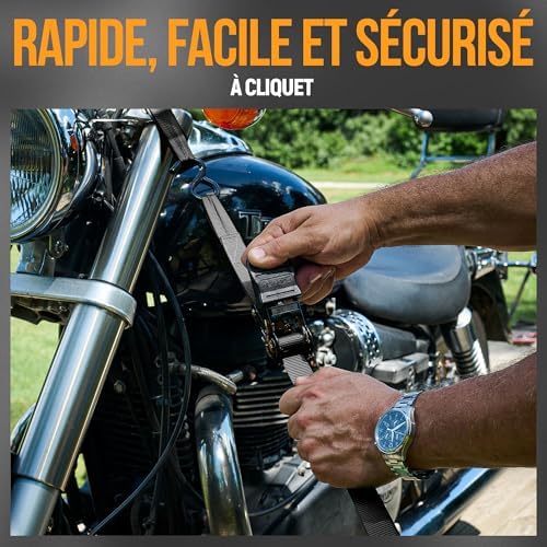 Sangles d'Arrimage, Résistance 748 kg, 4 Sangles de Remorquage de 4,5 m, 4 Boucles Souples, Sangles Arrimage Moto, Anse Caoutchouc, Crochets Métal Enduit, Sac de Transport (Noir)