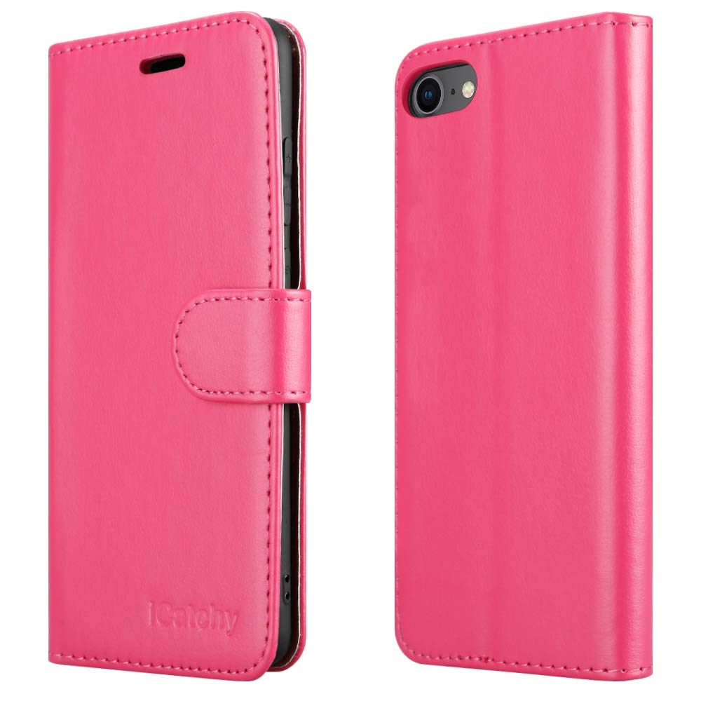 iCatchy for iPhone SE 2022/2020, iPhone 8/7 Leather Wallet Book Flip Folio Stand View Case Compatible With iPhone SE 2022/2020 (Pink)